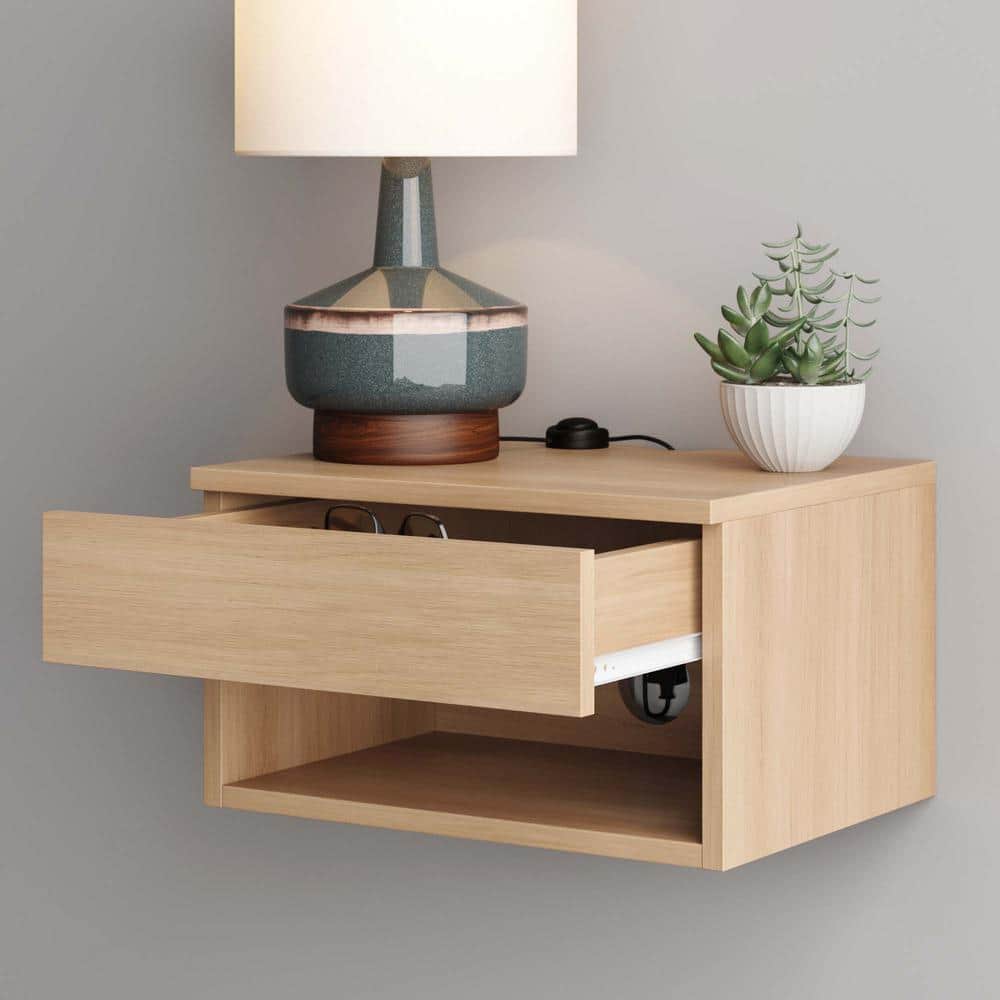 Light Oak Floating Wall-Mount Nightstand with Drawer and Shelf