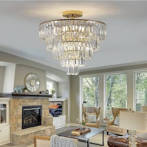 5-Tier Gold Crystal Chandelier Round Semi Flush Mount Luxury Light Fixture for Living Room Dining Room Bedroom Hallway