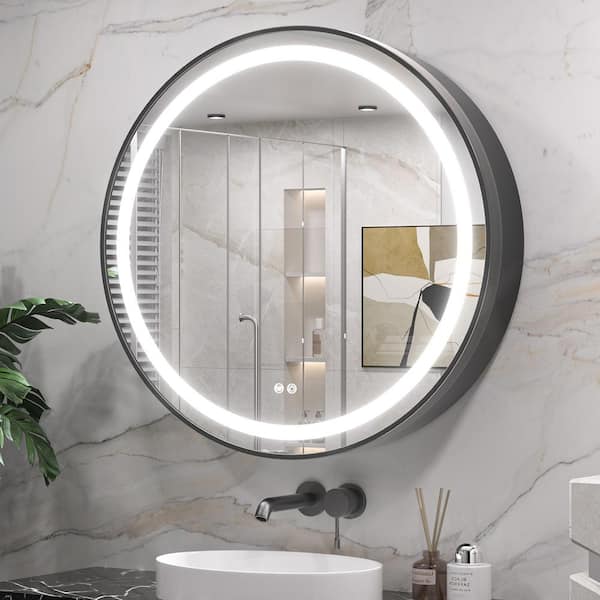 30 in. W x 30 in. H Round Metal Framed Surface Mount LED Light Medicine Cabinet with Mirror in Black Anti-Fog Dimmable