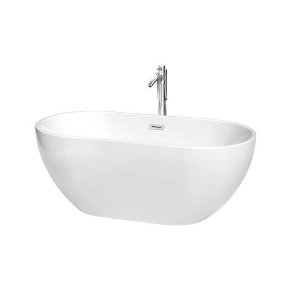 Wyndham Collection Brooklyn 60 in. Acrylic Flatbottom Bathtub in White with Polished Chrome Trim and Floor Mounted Faucet