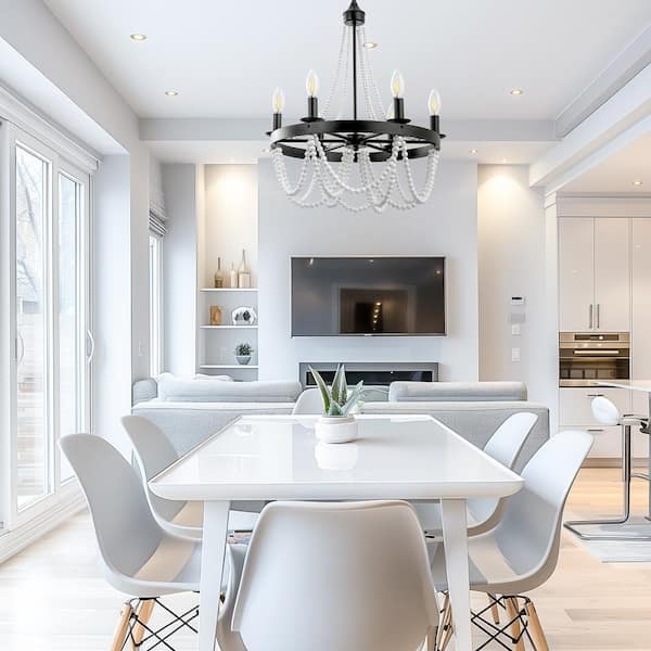 6-Light Matte Black Chandelier with White Wood Beads for Dining Rooms and Entryways