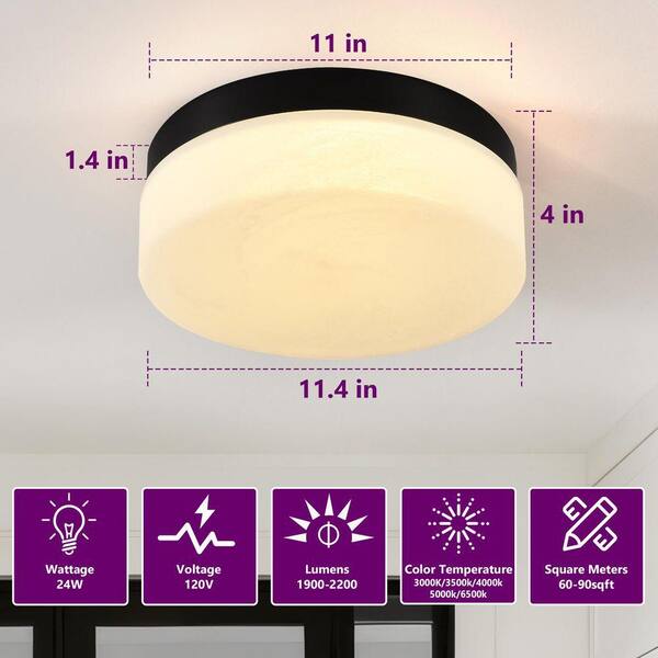 GMGSROM 11.4 in. LED Black Flush Mount With Cloudy Glass Shade