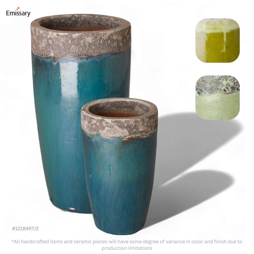 Teal and Gray Tall Ceramic Planter for Indoor/Outdoor Use