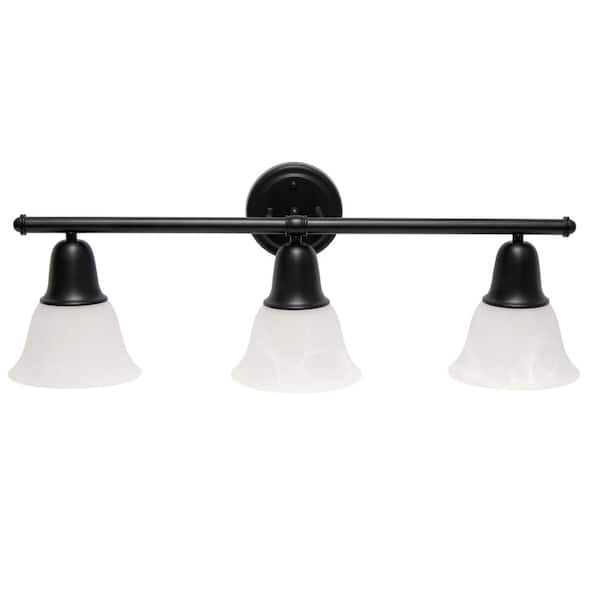Simple Designs 26.5 in. 3-Light Black Straight Metal Bar and Frosted Marble White Glass Shades Decorative Vanity Light