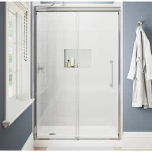 Ashmore 48 in. x 74-3/8 in. Semi-Frameless Sliding Shower Door in Satin Chrome with 5/16 in. (8mm) Tempered Clear Glass