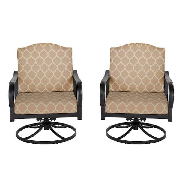 Hampton Bay Laurel Oaks Black Steel Outdoor Patio Lounge Chair with CushionGuard Toffee Trellis Tan Cushions (2-Pack)