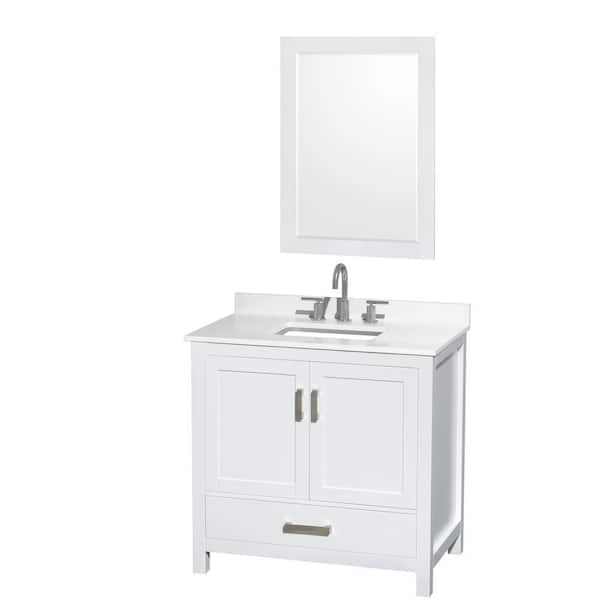 Wyndham Collection Sheffield 36 in. W x 22 in. D x 35 in. H Single Bath Vanity in White with White Quartz Top and 24 in. Mirror