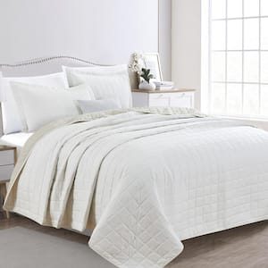 Beige Two-Toned Reversible Box Stitched King Microfiber 3-Piece Quilt Set Bedspread