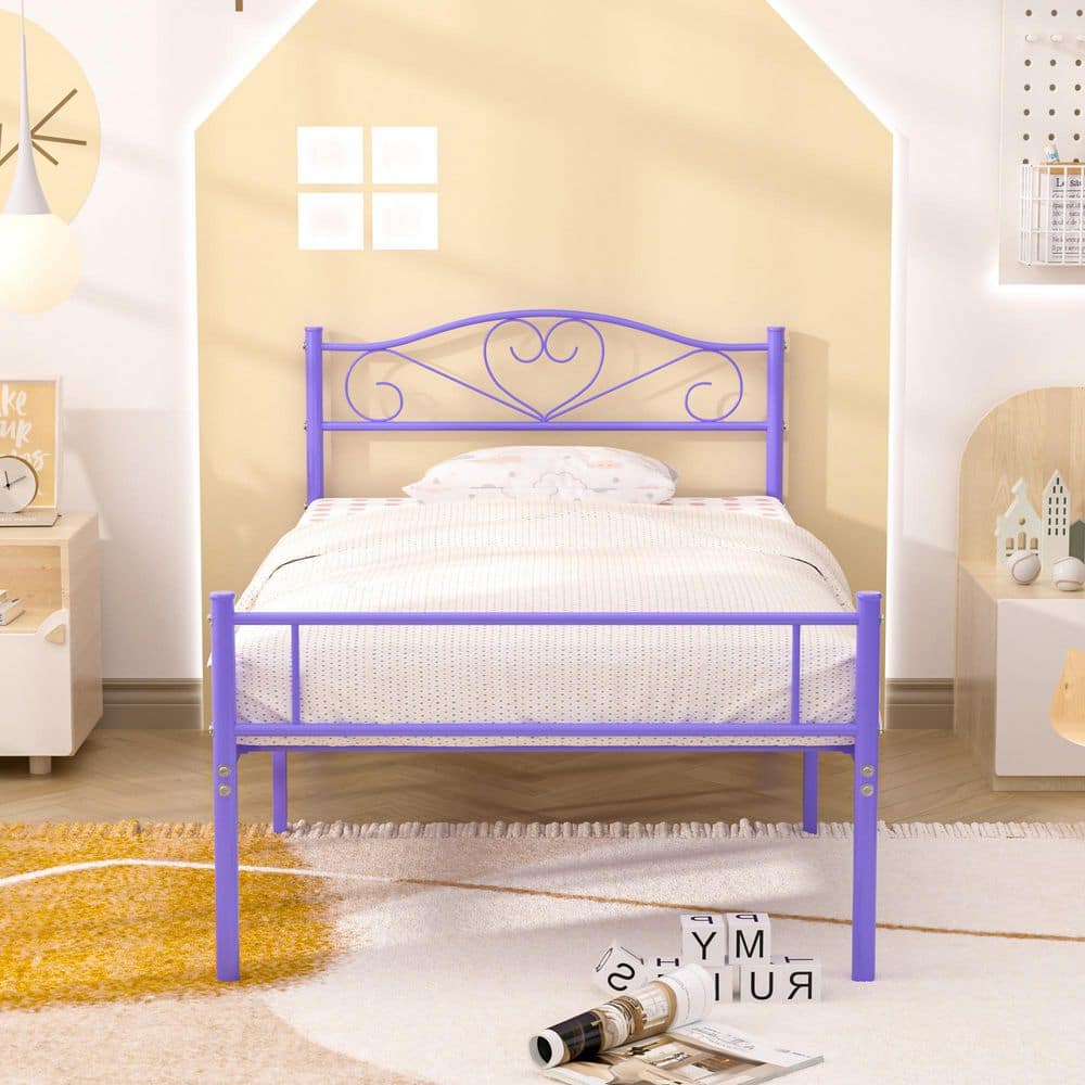 14" Twin Metal Platform Bed Frame with Headboard & Footboard, Heavy-Duty Steel Slats, No Box Spring Needed, Purple Bed