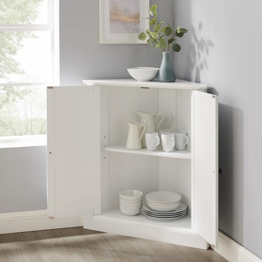 White Pinewood Corner Kitchen Pantry with Adjustable Shelving