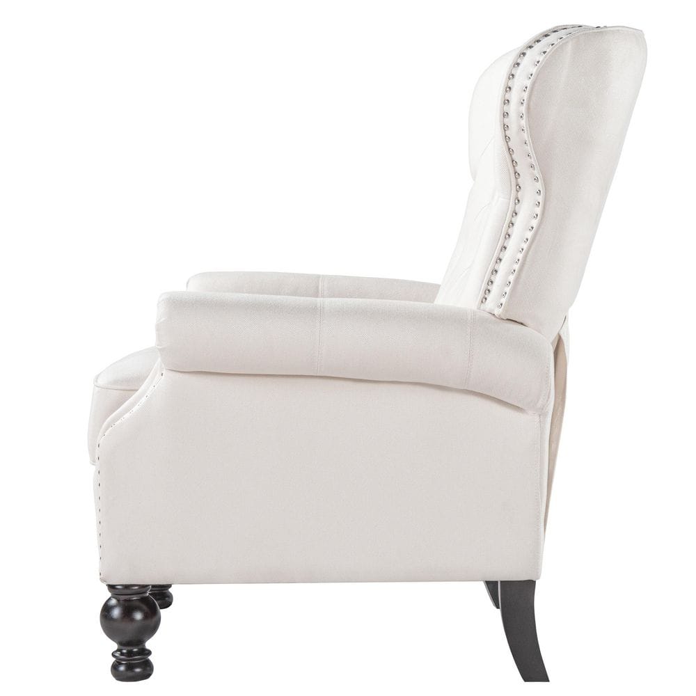 Close-up of upholstered chair armrest and back detail.