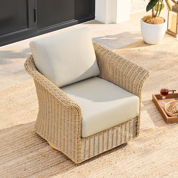 Aris 1-Piece Olefin Fabric All-weather PE Wicker Swivel Chair for Outdoor Bistro Set with Cream Cushions, Flared Arm