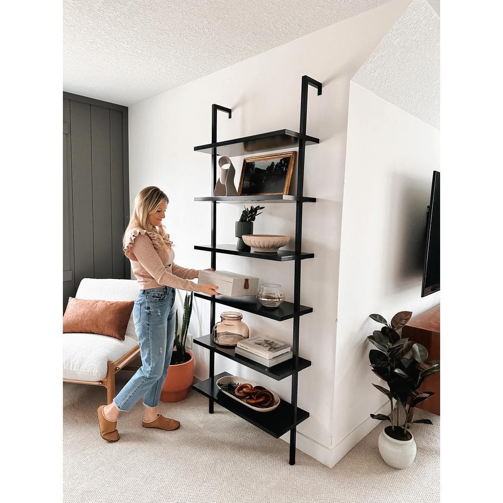 Theo Matte Black 6-Shelf Wood Ladder Bookcase