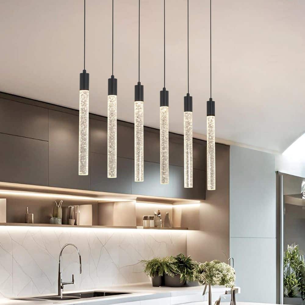 36 In. Rectangle 6-Light Black Triac Dimmable Black Chandelier with Bubbles Crystal Shade, LED 3000K Warm Light price history on PriceWatchPro