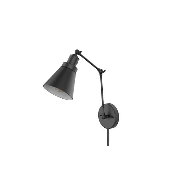 Hampton Bay 1-Light Black Plug-In/Hardwired Swing Arm Wall Lamp with 6 ft. Fabric Cord