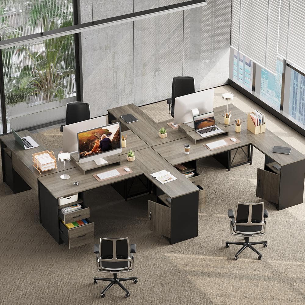 Gray L-Shaped Wood Gaming Desk with Drawers and Keyboard Tray