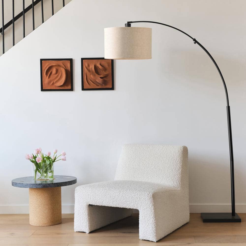 Logan Adjustable 76" Black LED Arc Floor Lamp with Beige Drum Shade