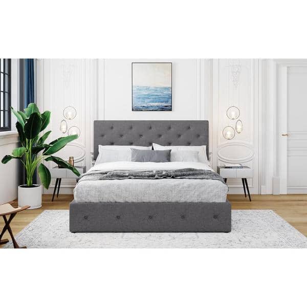 ANBAZAR 64 in. W Queen Size Gray Linen Upholstered Platform