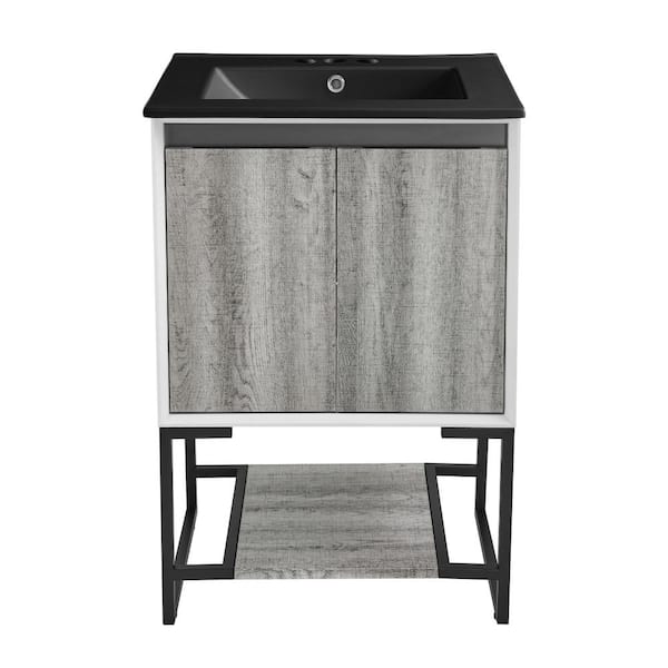 Swiss Madison Marseille 24 in. Bathroom Vanity in Gray Oak with Black, 3-Hole Ceramic Sink Top