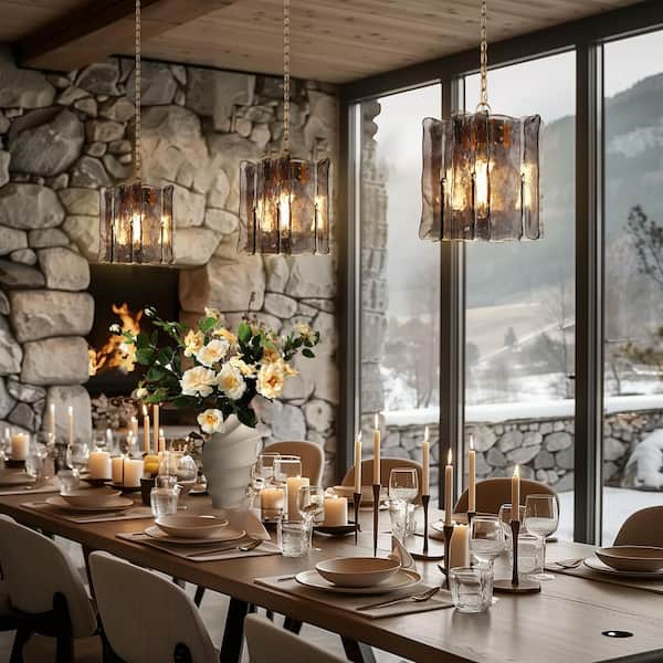 Echonalyri Modern 1-Light Satin Gold Square Pendant Light with Smoky Gray Texture Glass Shade for Kitchen, Dining Room