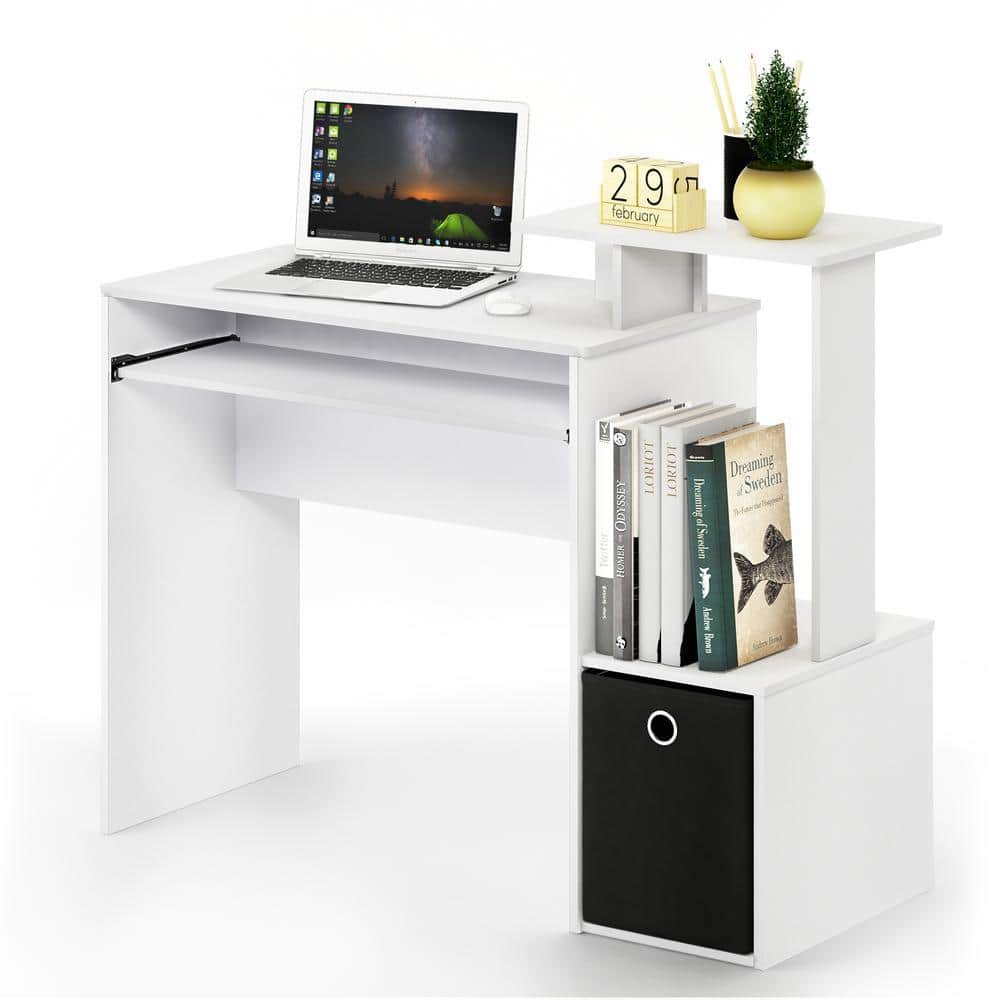 White and Black Compact Wood Computer Desk with Drawer