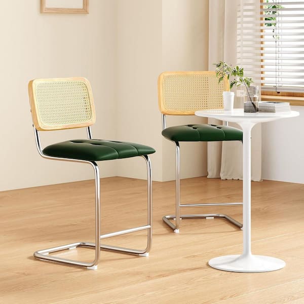 24 in. Green Upholstered Faux Leather Counter Height Bar Stools with Rattan Back (Set of 2)
