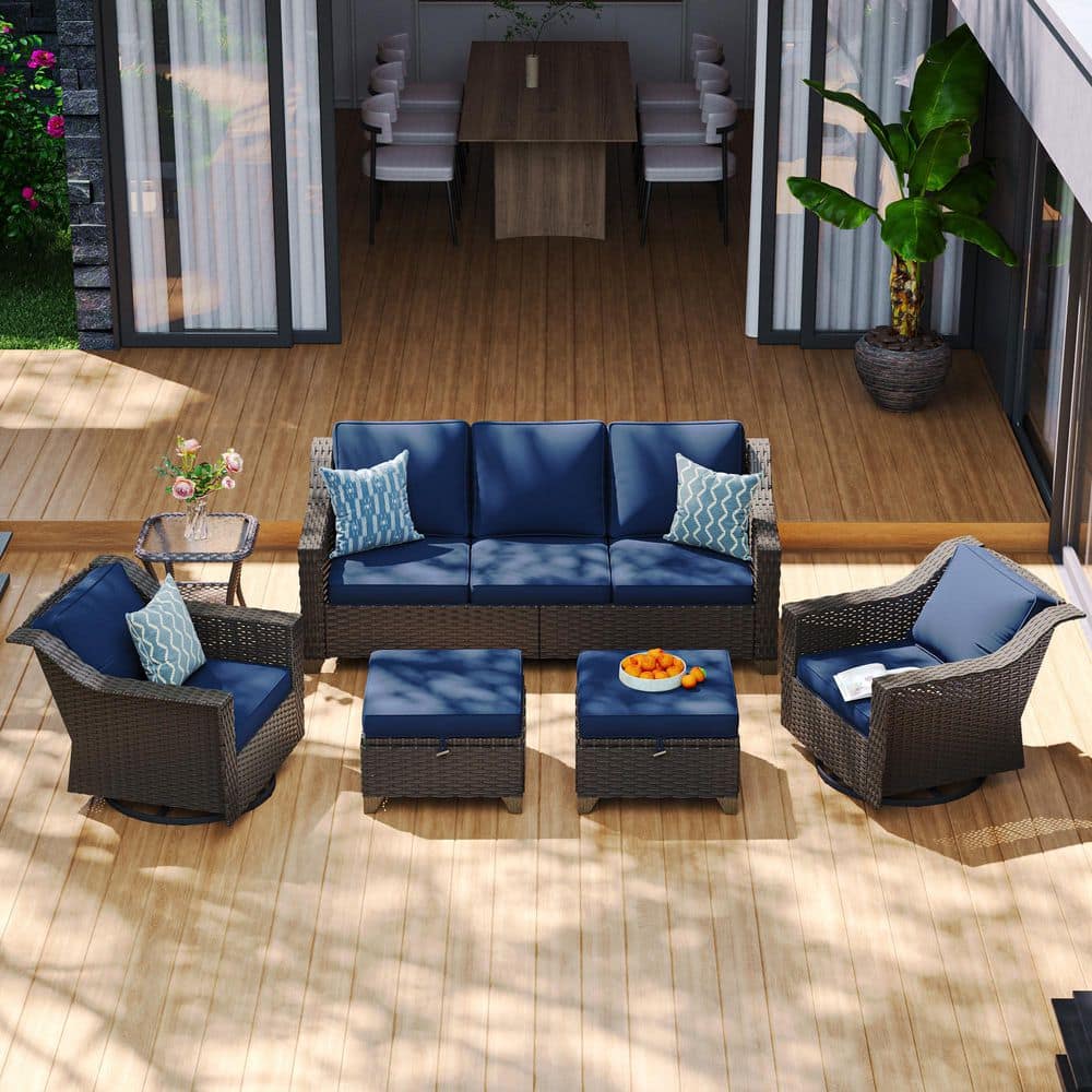 6-Piece Stylish Wicker Patio Conversation Set Outdoor Swivel Rocking Chair Set and Ottoman with Thick Blue Cushions