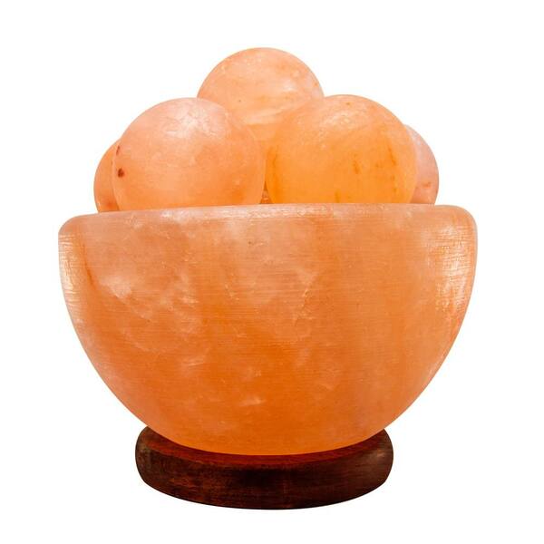 Fab Glass and Mirror Himalayan Salt 6.5 in. Pink Lamp Bowl Shape with Ball Chunks Wood Base Electric Wire and Bulb