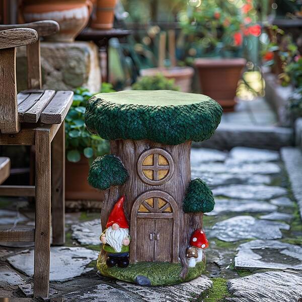 LuxenHome 12.6 in. Round Resin Indoor and Outdoor Gnome Tree Stump