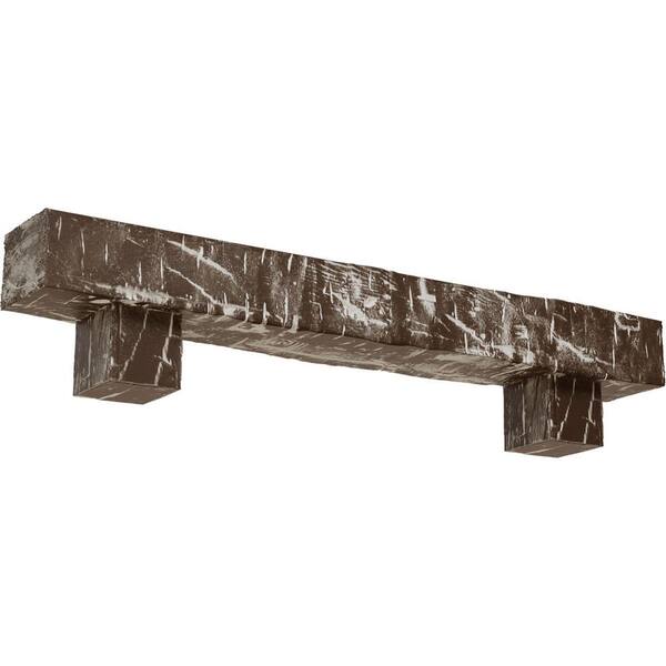 Ekena Millwork 4 in. x 8 in. x 4 ft. Hand Hewn Faux Wood Fireplace Mantel Kit, Alamo Corbels, Vintage Mahogany
