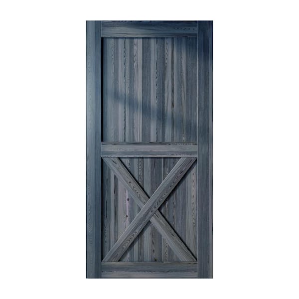 HOMACER 42 in. x 84 in. X-Frame Navy Solid Natural Pine Wood Panel Interior Sliding Barn Door Slab with Frame