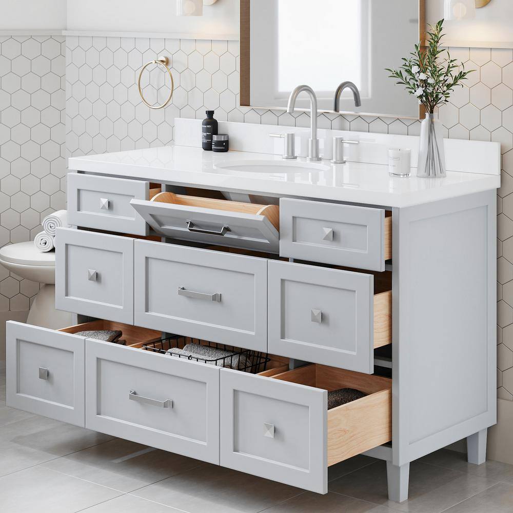 Gray Freestanding Single Sink Bathroom Vanity with Quartz Top