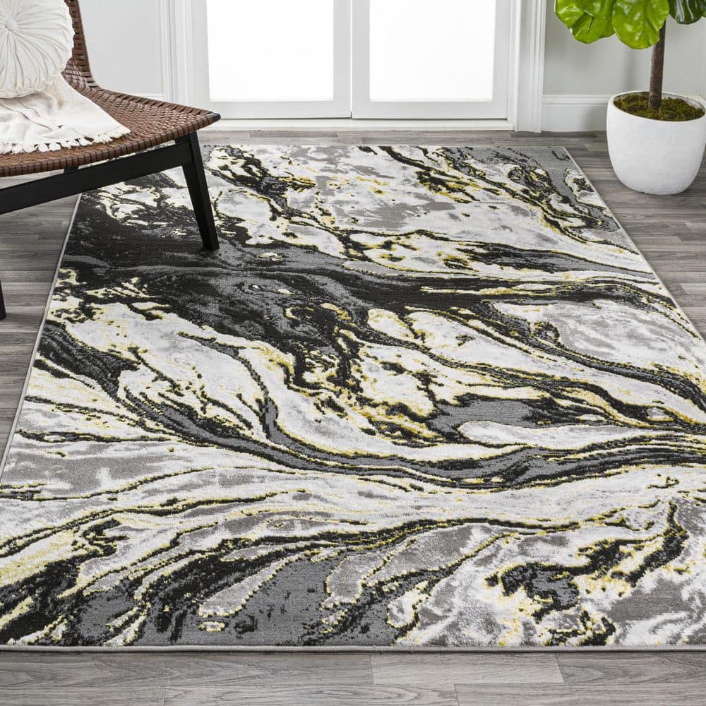 Abstract Swirl Marbled 5x8 Black/Yellow Synthetic Area Rug