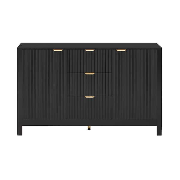 47.2 in. Black Kitchen Pantry Cabinet with Wave Design-3 Adjustable Shelves, 3 Drawers & Soft-Close Doors