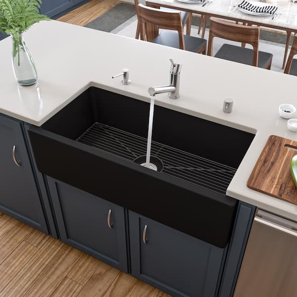 CASAINC Black Fireclay 36 in. Single Bowl Farmhouse Apron Kitchen Sink with Faucet and Accessories All-in-One Kit, 36 in. Matte Black Fireclay Kitchen