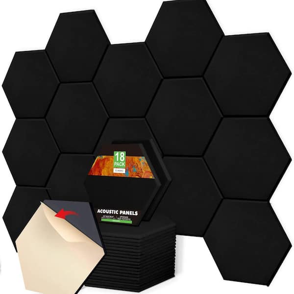 18-Packs 12in. x 10in. x 0.4 in. Black Hexagon Acoustic Panels, Self-Adhesive Soundproof Wall Panel Used in Home Offices