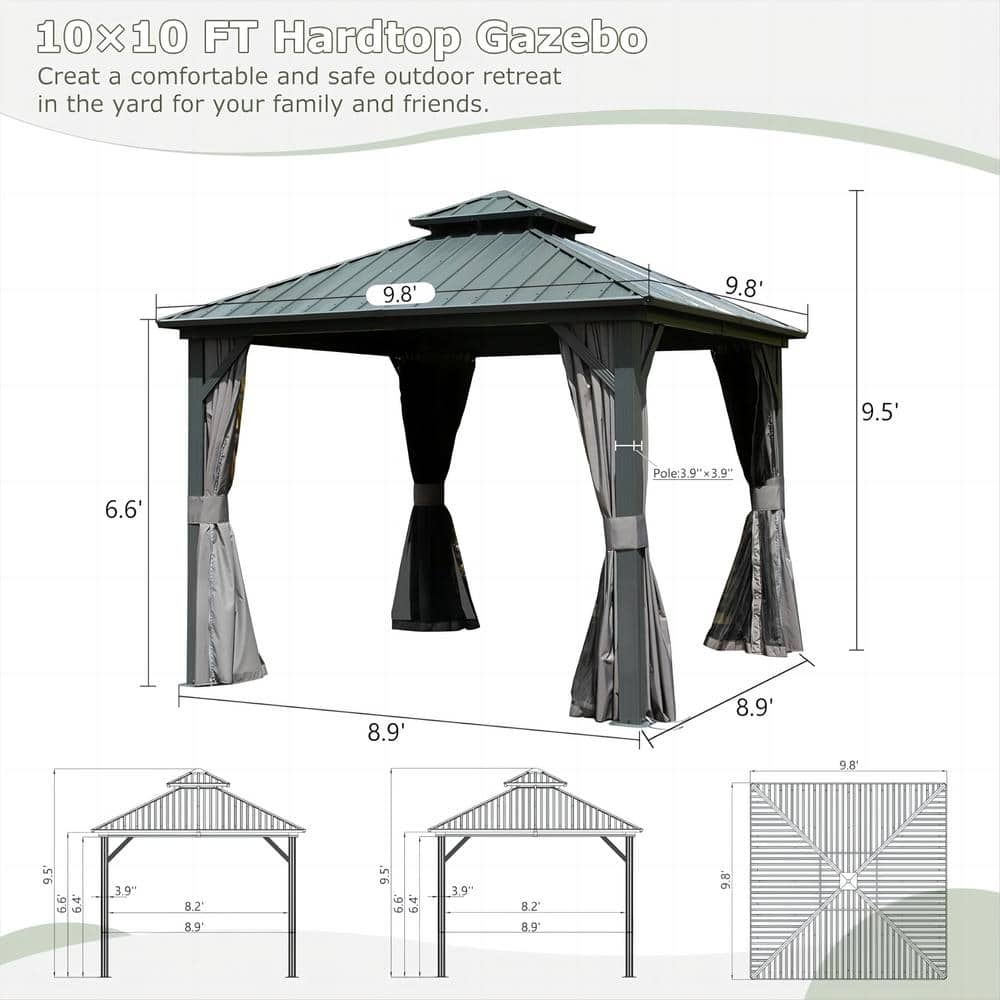 10 ft. x 10 ft. Outdoor Galvanized Steel Roof Gazebo, Aluminum Frame ...