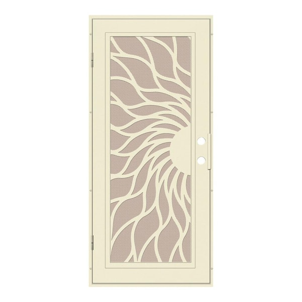 Unique Home Designs Sunfire 30 in. x 80 in. Right Hand/Outswing Beige Aluminum Security Door with Desert Sand Perforated Metal Screen