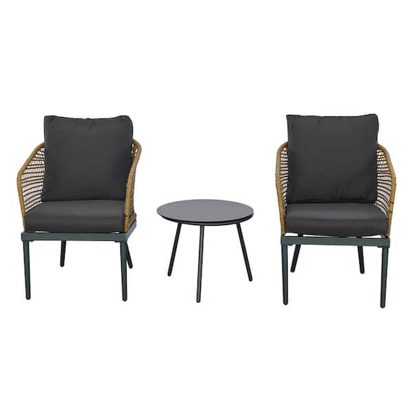 Zeus & Ruta 3-Piece Natural Wicker Aluminum Outdoor Bistro Set with Gray Cushions for Porch, Balcony, Deck, Patio, Backyard