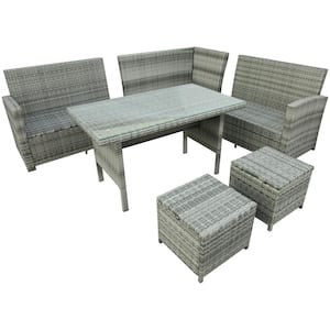6-Piece PE Rattan Wicker Patio Furniture Outdoor Sectional Sofa Set with Gray Sponge Padded Cushions and Glass Table