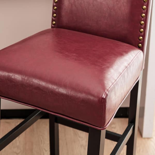 45 in. H Red High Back Solid Rubberwood Frame Upholstered PU Bar Stool with Studded Decor (Set of 2)