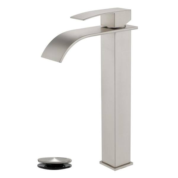 Waterfall Single Handle Vessel Sink Faucet with Pop-Up Drain, Tall Single Hole Bathroom Sink Faucet in Brushed Nickel