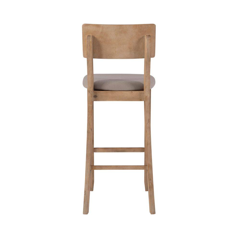 Rustic Gray Wash 46" Acacia Wood Bar Stool with Light Gray Linen Cushion