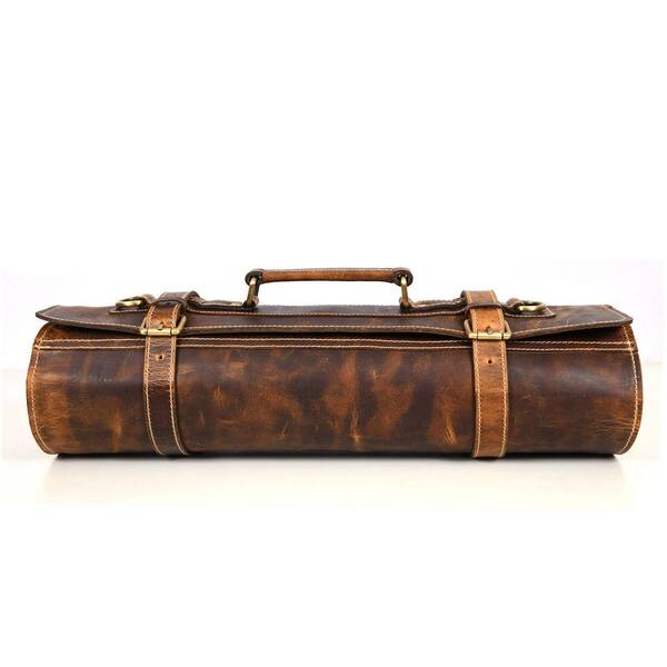 Aaron Leather Goods Tuscania Knife Roll Storage Bag Case, Walnut Brown Leather