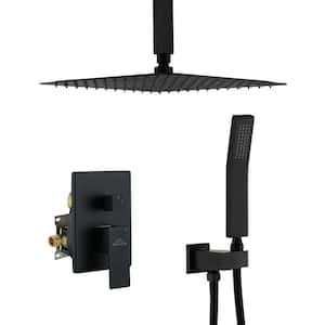 Shower System Ceiling Mounted with 12 in. Square Rainfall Shower head and Handheld Shower Head Set, Matte Black