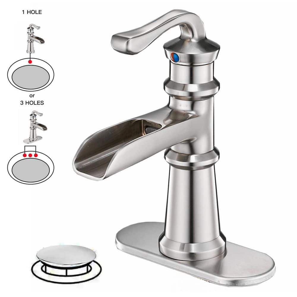 Waterfall Single Hole Single-Handle Low-Arc Bathroom Faucet With Pop-up Drain Assembly in Brushed Nickel -  BWE, A-96560-N-2