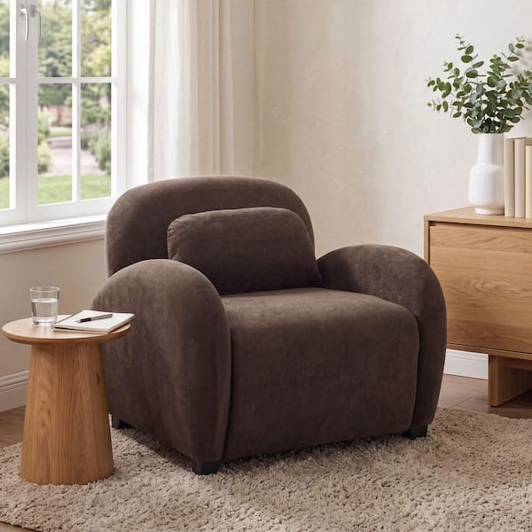 Modern Dark Brown Velvet Upholstered Accent Arm Chair with Lumbar Pillow