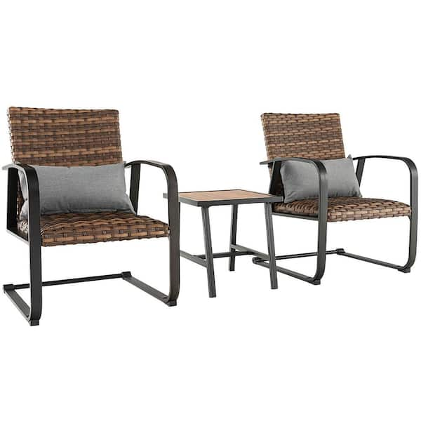 FORCLOVER 3-Piece Rattan Wicker Patio Conversation Set with Gray Lumbar Pillows Cushions