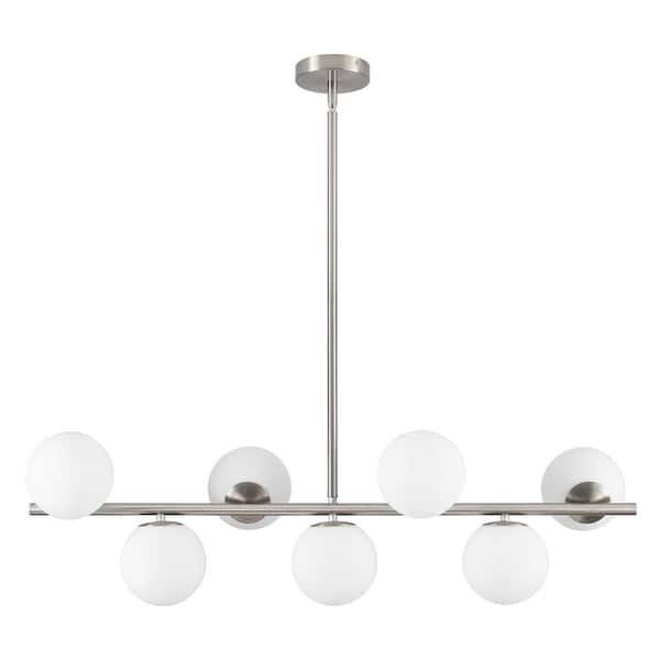 7-Light Dimmable Nickel Modern White Glass Globe Sputnik Linear Chandelier for Kitchen Island with No Bulbs Included