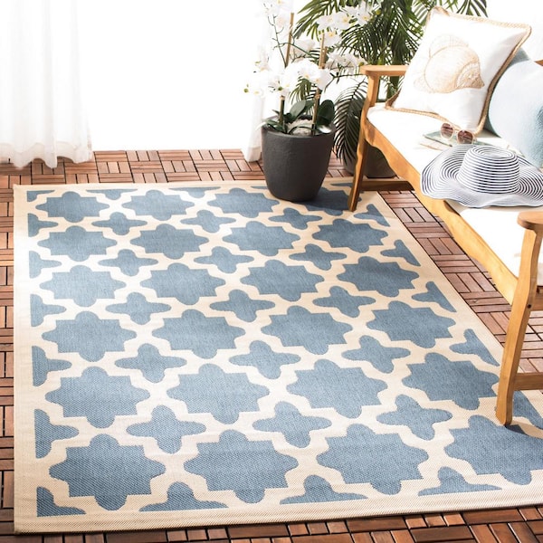 Courtyard Blue/Beige Doormat 3 ft. x 5 ft. Geometric Indoor/Outdoor Patio Area Rug